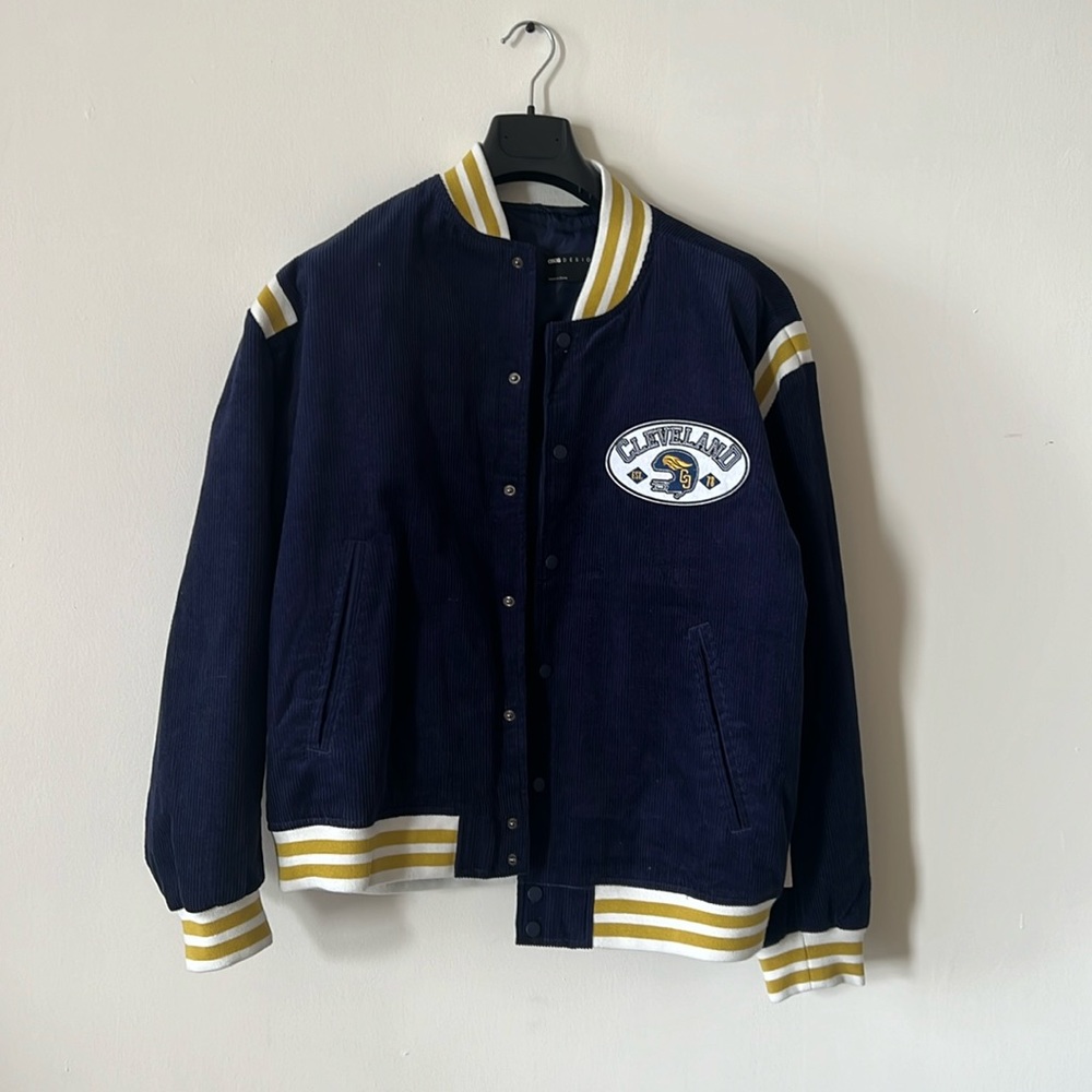ASOS DESIGN CORD VARSITY BOMBER JACKET IN NAVY WITH CONTRAST TRIMS